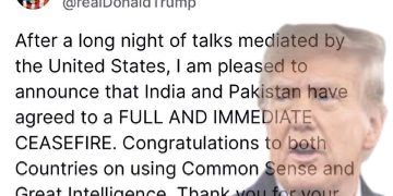 ਜੰਗਬੰਦੀ ਡੋਨਾਲਡ ਟਰੰਪ ਨੇ ਕਿਹਾ- ਭਾਰਤ ਅਤੇ ਪਾਕਿਸਤਾਨ ਜੰਗਬੰਦੀ ਲਈ ਸਹਿਮਤ ਹੋਏ: